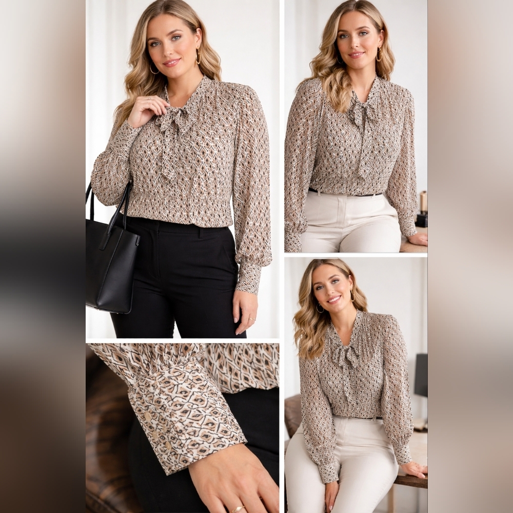 Adrianna Papell 1X Tie Neck Geometric Swiss Dot Blouse